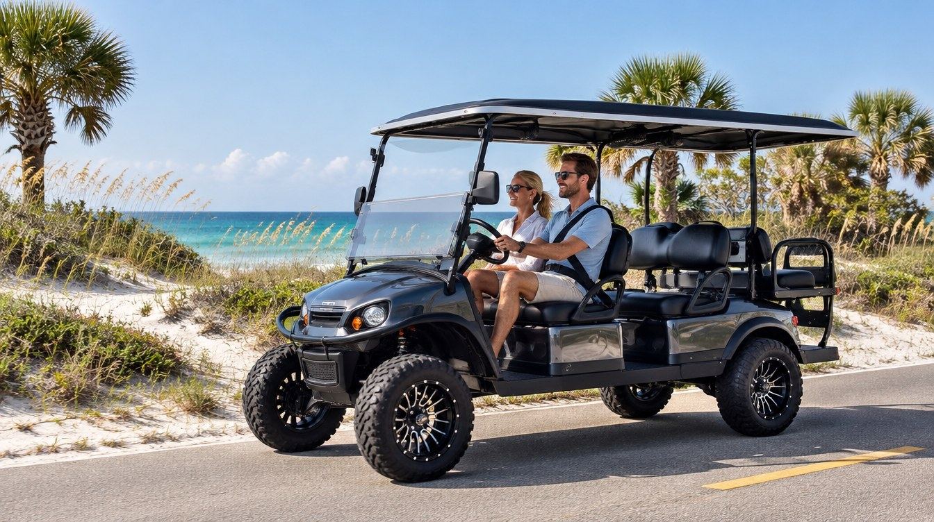 A couple driving a Beach Better cart on a coastal road past the dunes