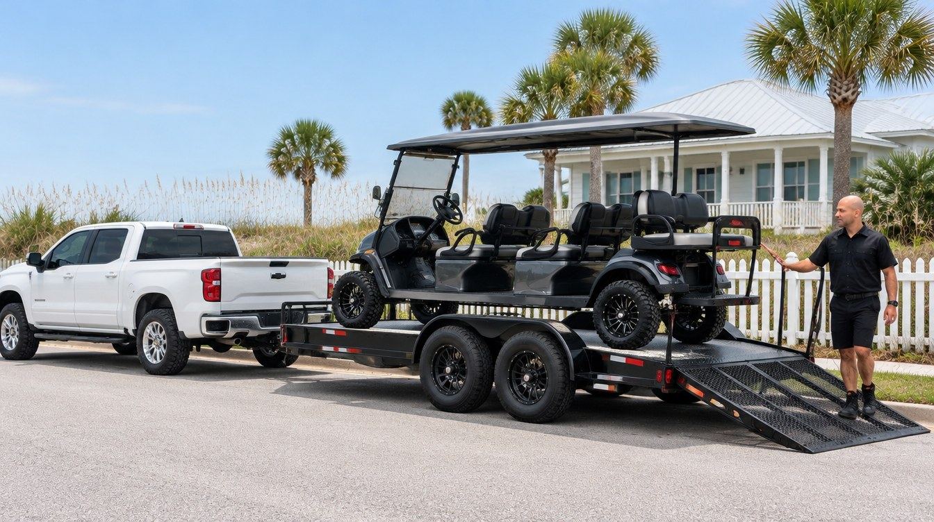 A Beach Better cart on a trailer behind a pickup truck, delivered to a beach house