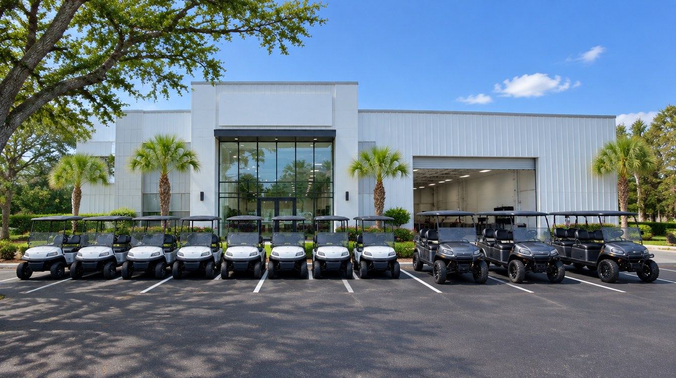 A row of rental carts lined up in front of the shop