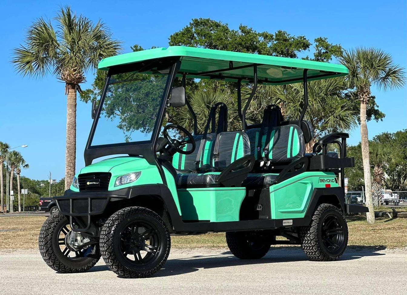A lifted 6 seat Beach Better golf cart for sale