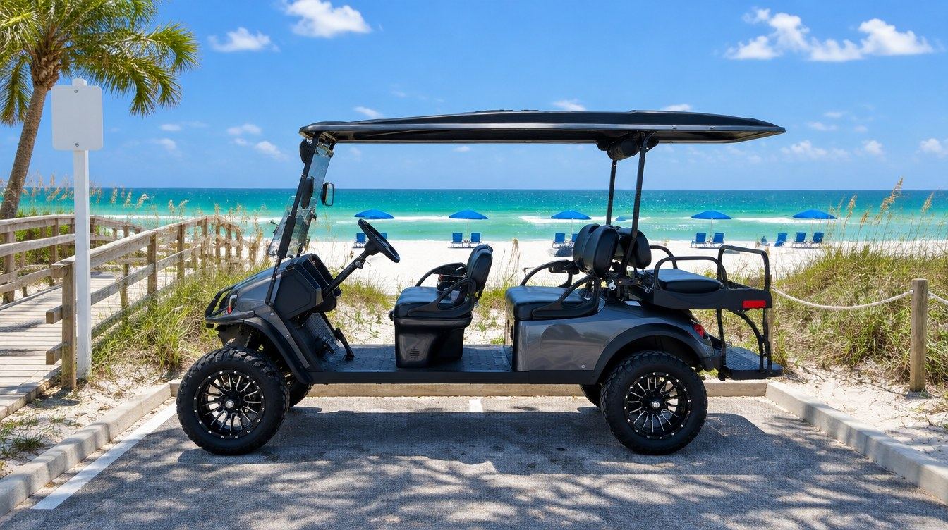 A Beach Better cart parked at a beach access with the Gulf behind it